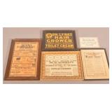 Collection Vintage Framed Paper Signs.