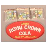Royal Crown Cola Vtg. Embroidered Patch & Marbles.