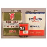 Two Fox Head Motor Oil Cans & Fox Superfuel Can.