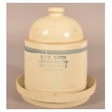 Blue Band Sanitary Stoneware Chicken Feeder.