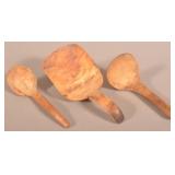 Three Early Burl Carved Ladles and Scoops.