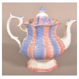 Large Red & Blue Rainbow Spatter China Teapot.