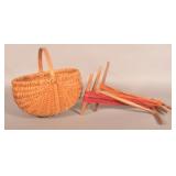 Large Oak Gathering Basket & Carved Niddy Noddies.