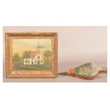 Folky Painting of Church and Fireplace Bellows.