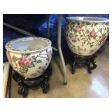 (2) Porcelain Planters on Rosewood Stands