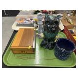 Cigar Box, Candlesticks, Redware Owl Figurine