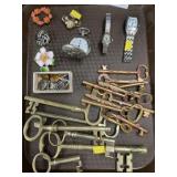 Brass Skeleton Keys, Watches & Costume Jewelry