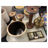Wooden Spools, Copper Teapot, Storage Crock