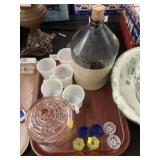 Stoneware Jug, Depression Glass Canister, Salts