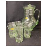 Green Depression Etched Glass Pitcher Set