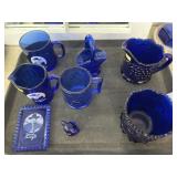 Cobalt Glassware with Cream Pitchers and Mug