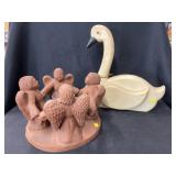 Pottery Candle Holder with Wood Crafted Goose