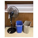 Pedestal Fan & 2 Trash Cans