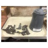 Gray Agate Coffee Pot, Cast Metal Figurines