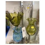 Crackle Glass Pitcher with Art Glass Vases