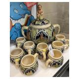 German Earthenware Punch Bowl with Mugs