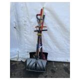 (2) Snow Shovels, (2) Garden Tillers, Hoe, Digger