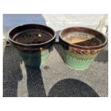 (2) Green Glazed Planter Pots