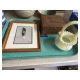 Fenton Art Glass Basket with Painted Feather