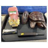 Carved Wood Figurines, Oyster Shucker, Harmonica