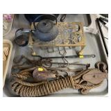 Brass Trivet, Pulley and Fat Lamp