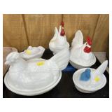 Milk Glass Hen On Nests and Glass Canisters