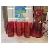 Cranberry Etched Glass Water Pitcher Set