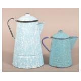 2 Blue & White Agateware Coffee Pots