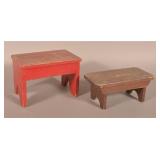 Sm. Antique Oak Mortised Stool & Red Painted Stool