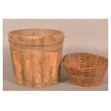 Antique Wood Bucket and Primitive Basket