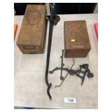 (2) Oak Storage Boxes, Cast Iron Parts