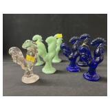 Jadeite and Cobalt Rooster Figurines
