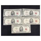 (5) $5 Red Seal Bills