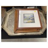 Silverplate Serving Tray with Framed Prints