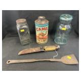 Glass Canisters with Tin, Hunting Knife & Spatula