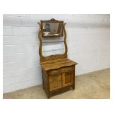 Oak Vtg. Wash Stand w/ Towel Bar & Mirror