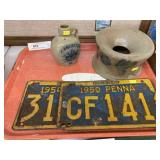 Stoneware Spittoon and License Plates