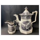 Black Transferware Paneled Teapot and Pitcher