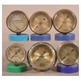 6 Antique Nickel & Brass Pressure Gauges