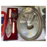 Silverplate Serving Tray with Carving Set & Spoons