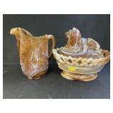 Slag Glass Covered Dish with Pitcher