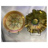 (2) Unmarked Carnival Glass Grape Pattern Bowls