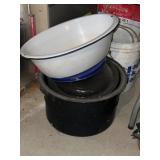 Enamelware Basin with Stock Pots