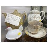 Teapots with  Milk Glass Hen On Nest