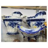 (2) Flow Blue Pitchers with Center Bowl
