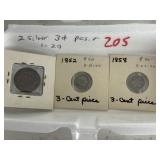 2 Silver 3-cent Pcs & 1- 2 cent