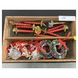 Wooden Utensil Tray & Vtg. Christmas Ornaments