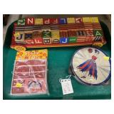 Wooden Alphabet Blocks & Wagon, Tambourine, Stamps