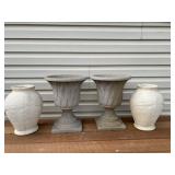 (2)  Fiberglass Planters & (2) Chalk/Plaster Vases