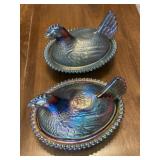 (2) Carnival Glass Hen On Nests